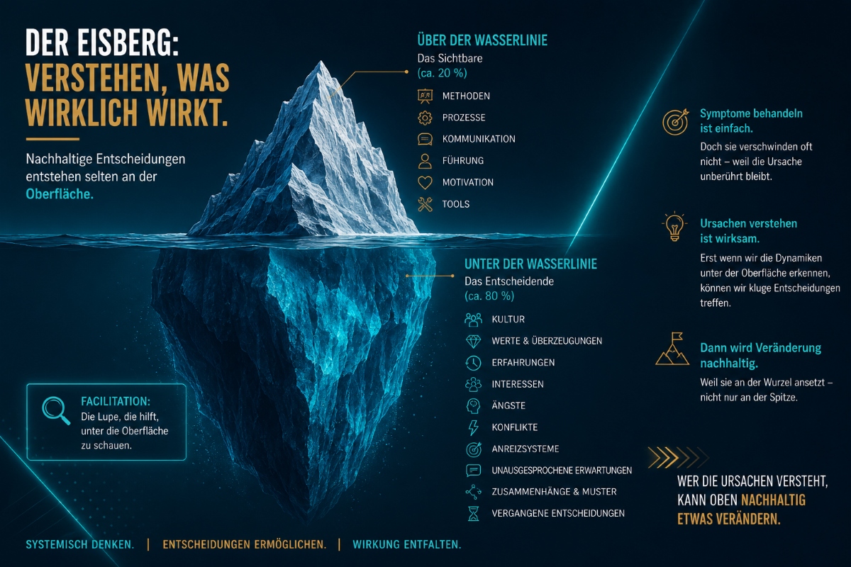 Eisbergmodell zur Visualisierung sichtbarer Symptome und verborgener Ursachen in Unternehmen und Führungsteams